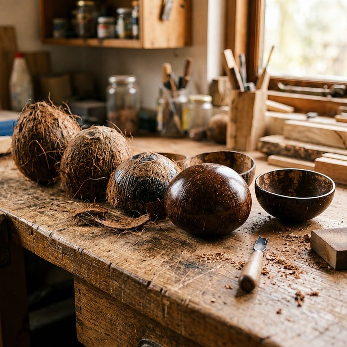 Coconut shells at different stages, from raw husk to polished bowl