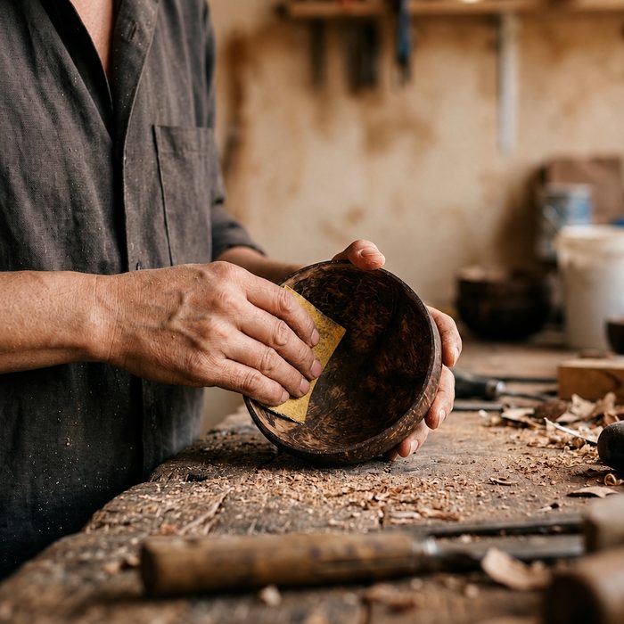 Hands sanding the inside of a coconut shell bowl