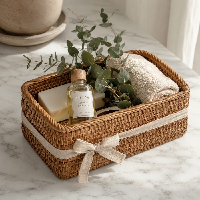 A finished rattan basket styled with bath essentials