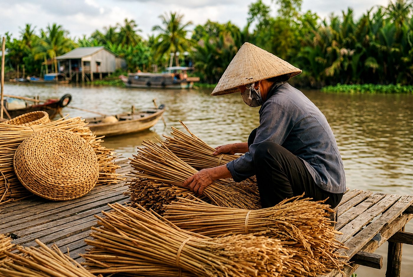 An artisan sorting bundles of sun-dried water hyacinth on a riverside dock in the Mekong Delta