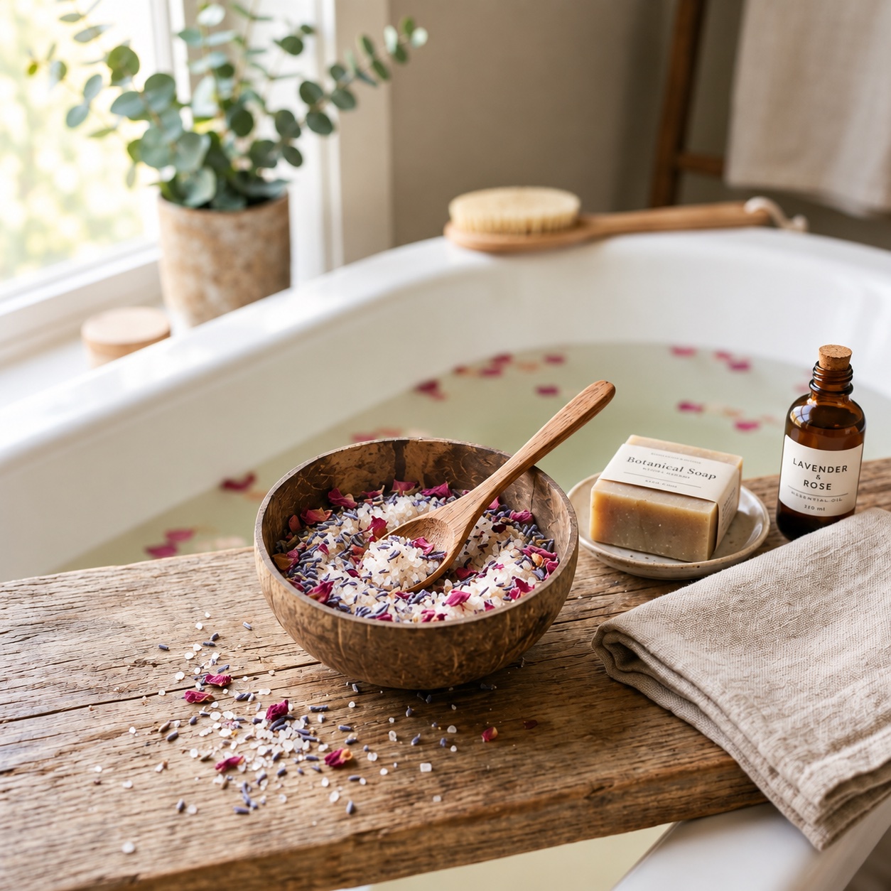 Coconut shell bowl filled with bath salts and dried petals, styled on a bath tray