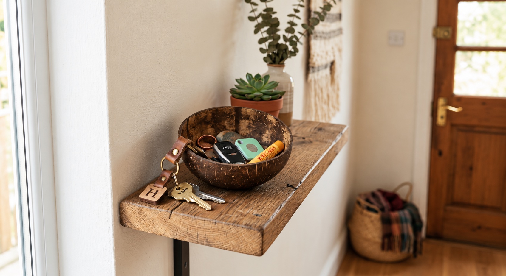 Coconut shell bowl on an entryway shelf, holding keys and other everyday odds and ends