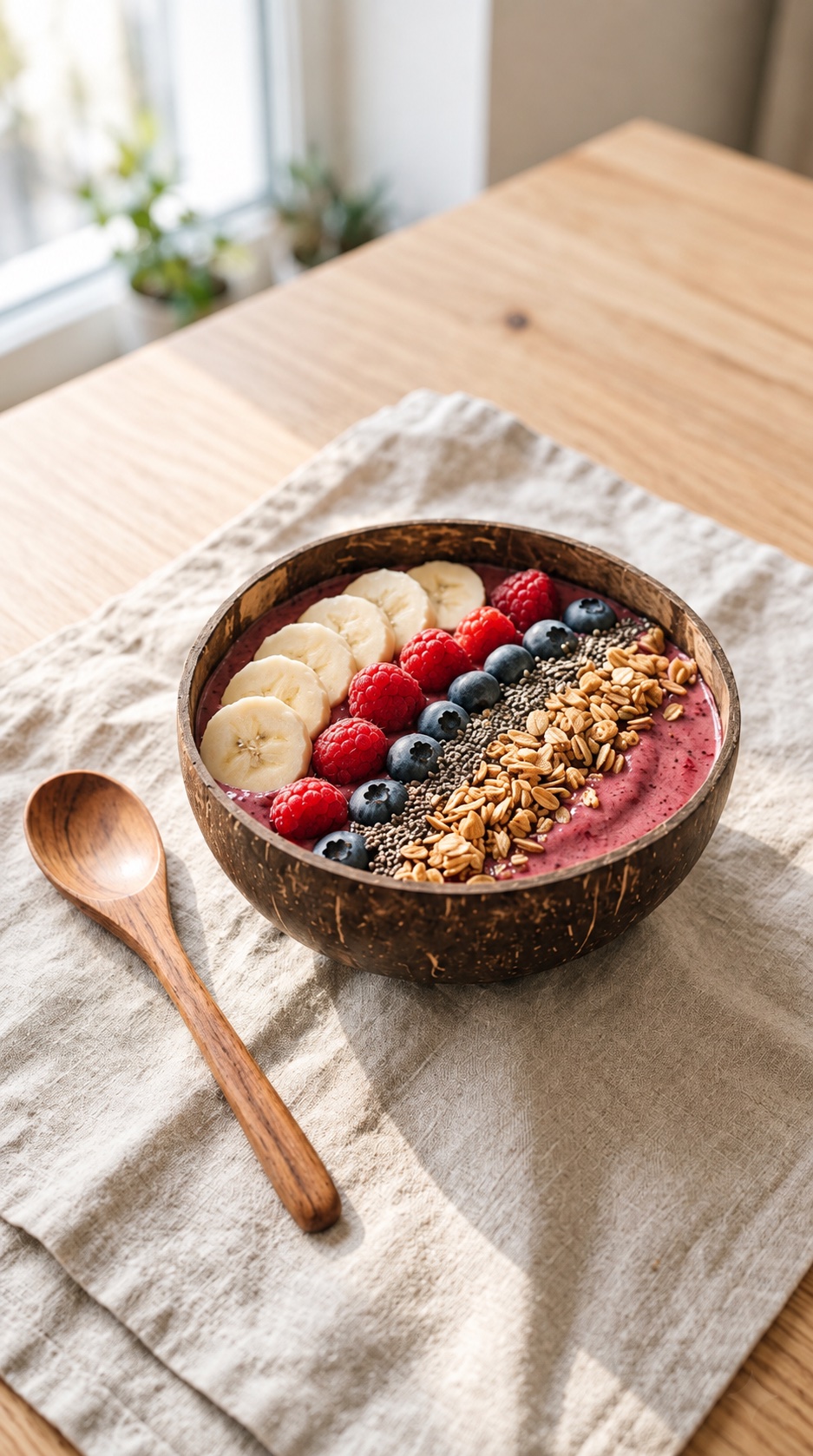 Coconut shell bowl filled with a smoothie bowl topped with berries, banana, and granola
