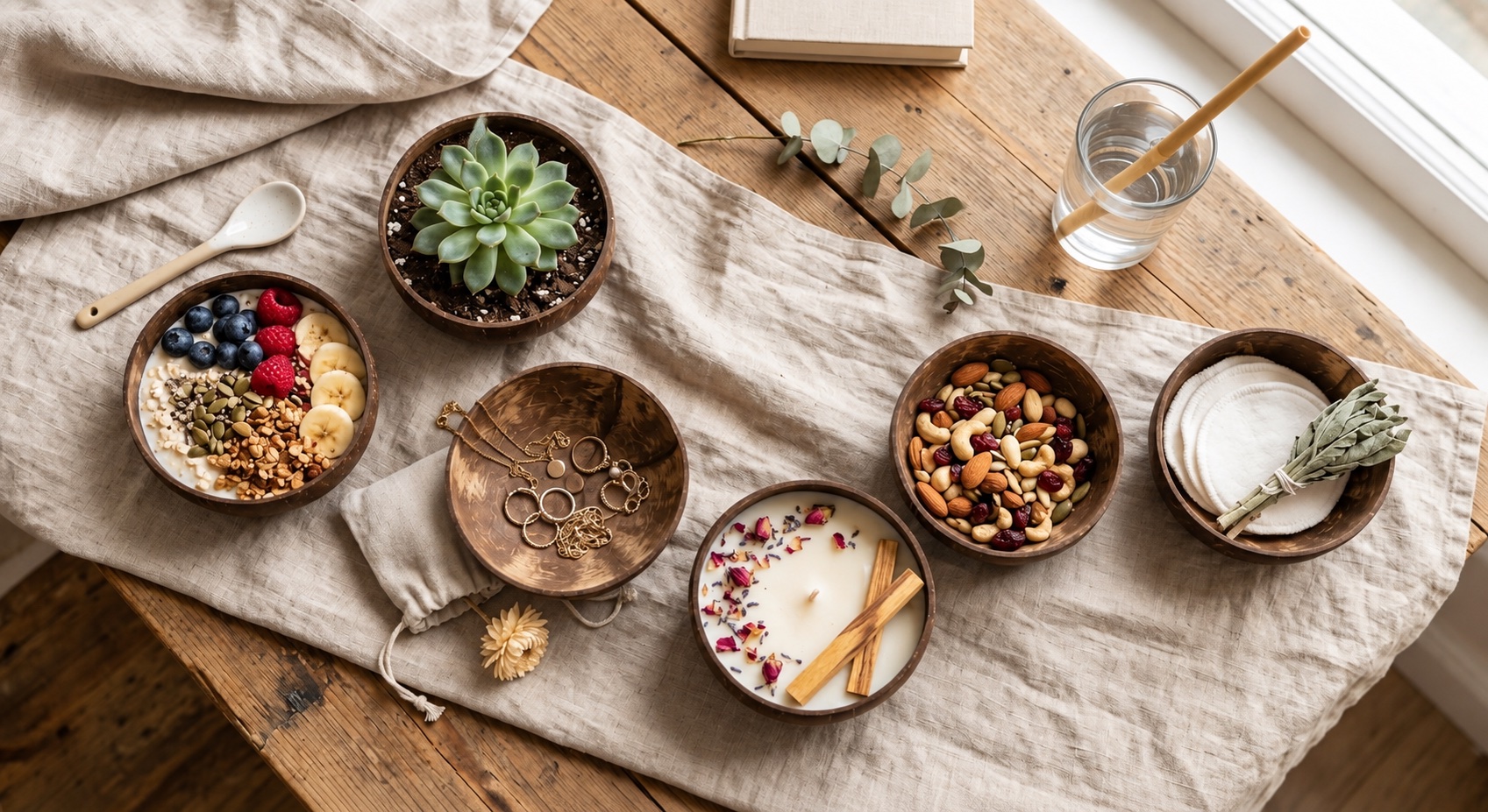 Coconut shell bowls styled with different everyday uses: a smoothie bowl, a succulent planter, jewelry, a candle, trail mix, and cotton pads
