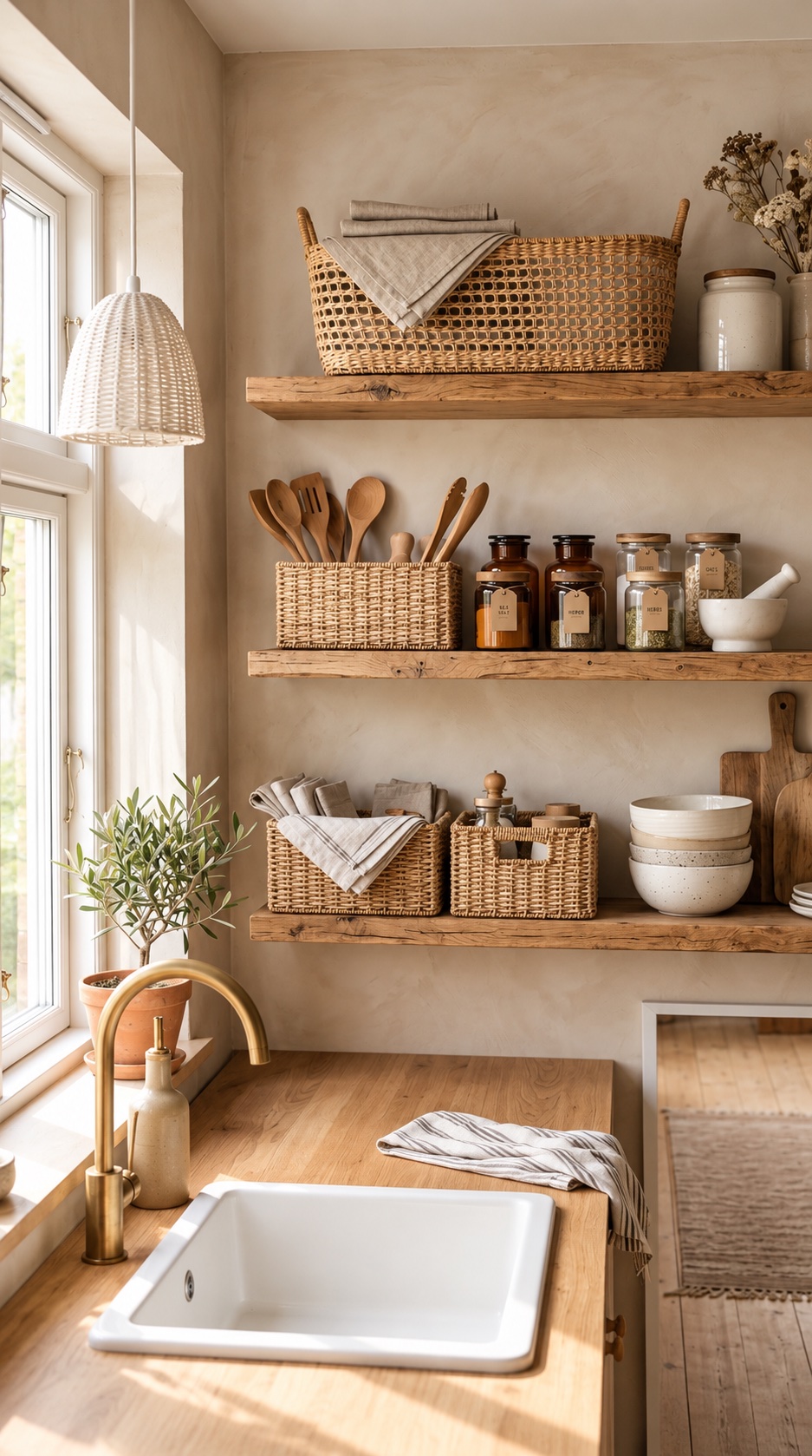 Rattan baskets and trays styled on open kitchen shelves, holding jars, linens, and utensils