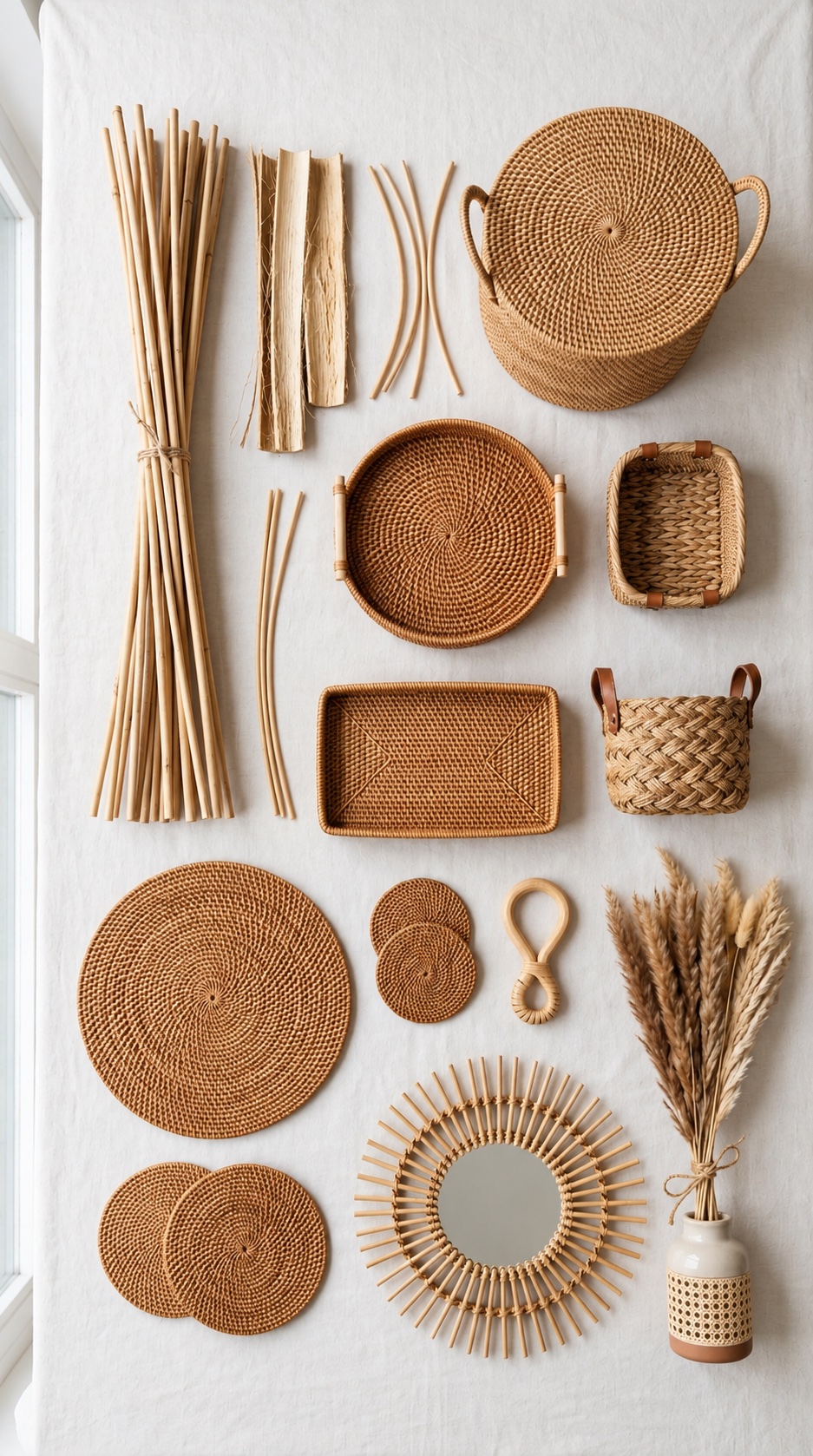 Raw rattan cane alongside hand-woven rattan baskets, trays, and homeware