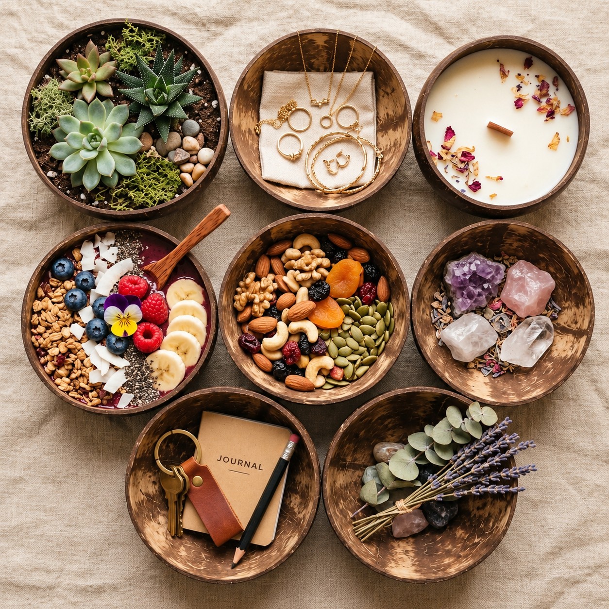 Coconut shell bowls styled with succulents, jewelry, and other everyday uses