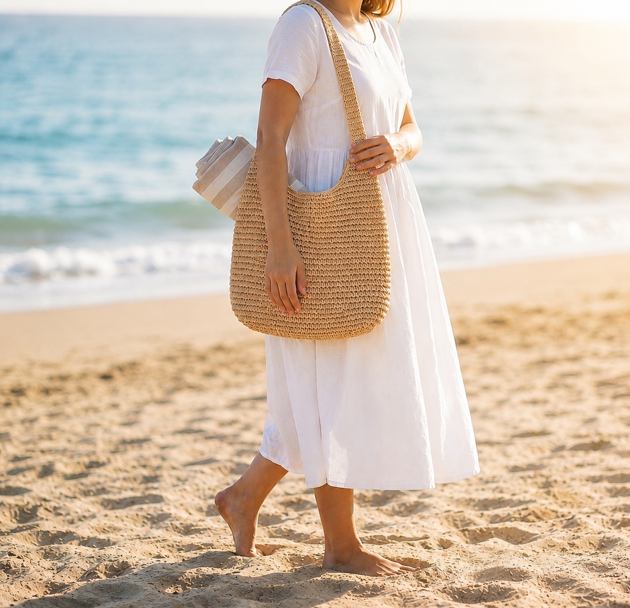 Foldable Straw Tote Bag carried over the shoulder while walking on the beach