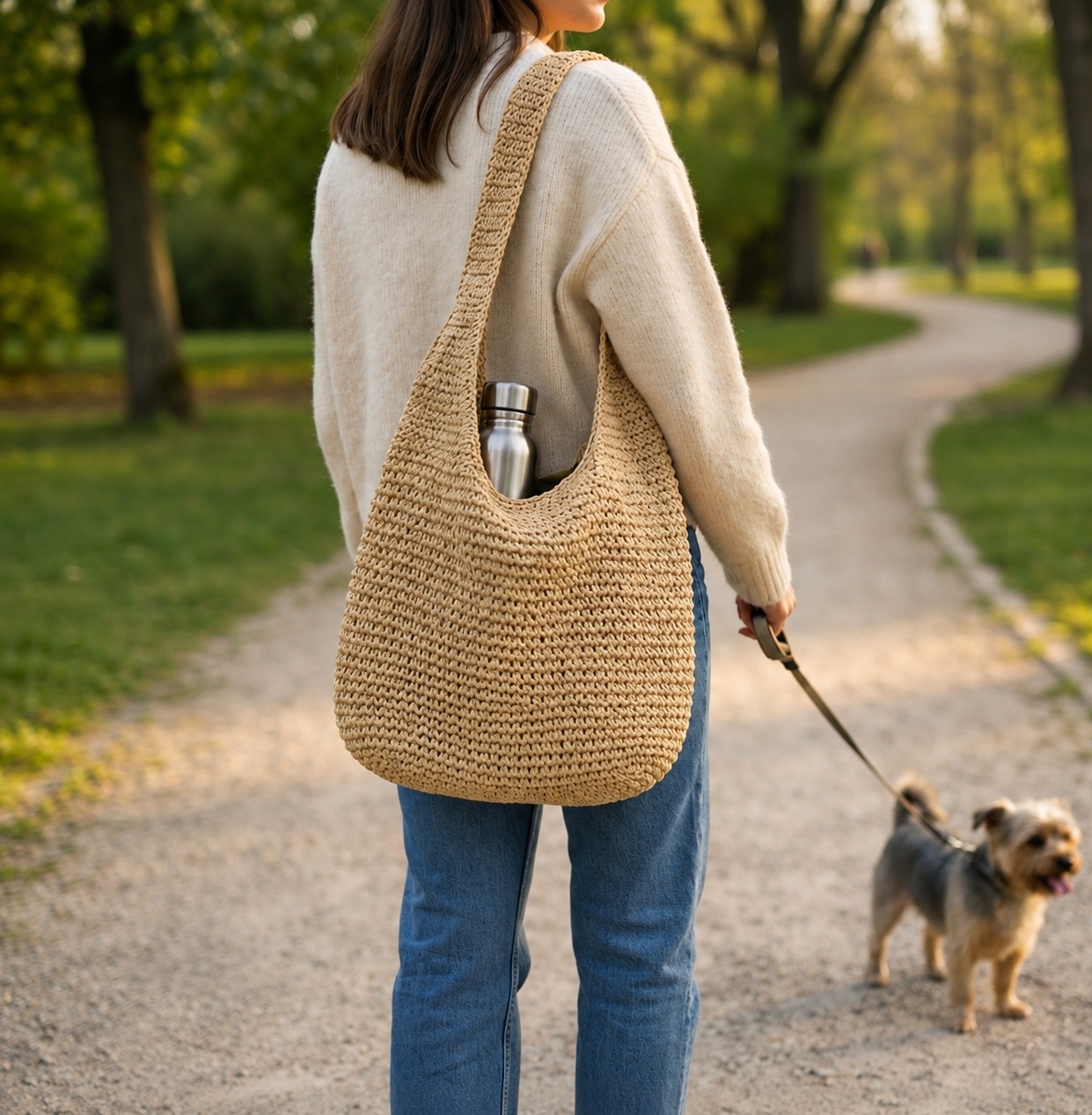 Woman walking a dog in a park with the Foldable Straw Tote Bag over her shoulder