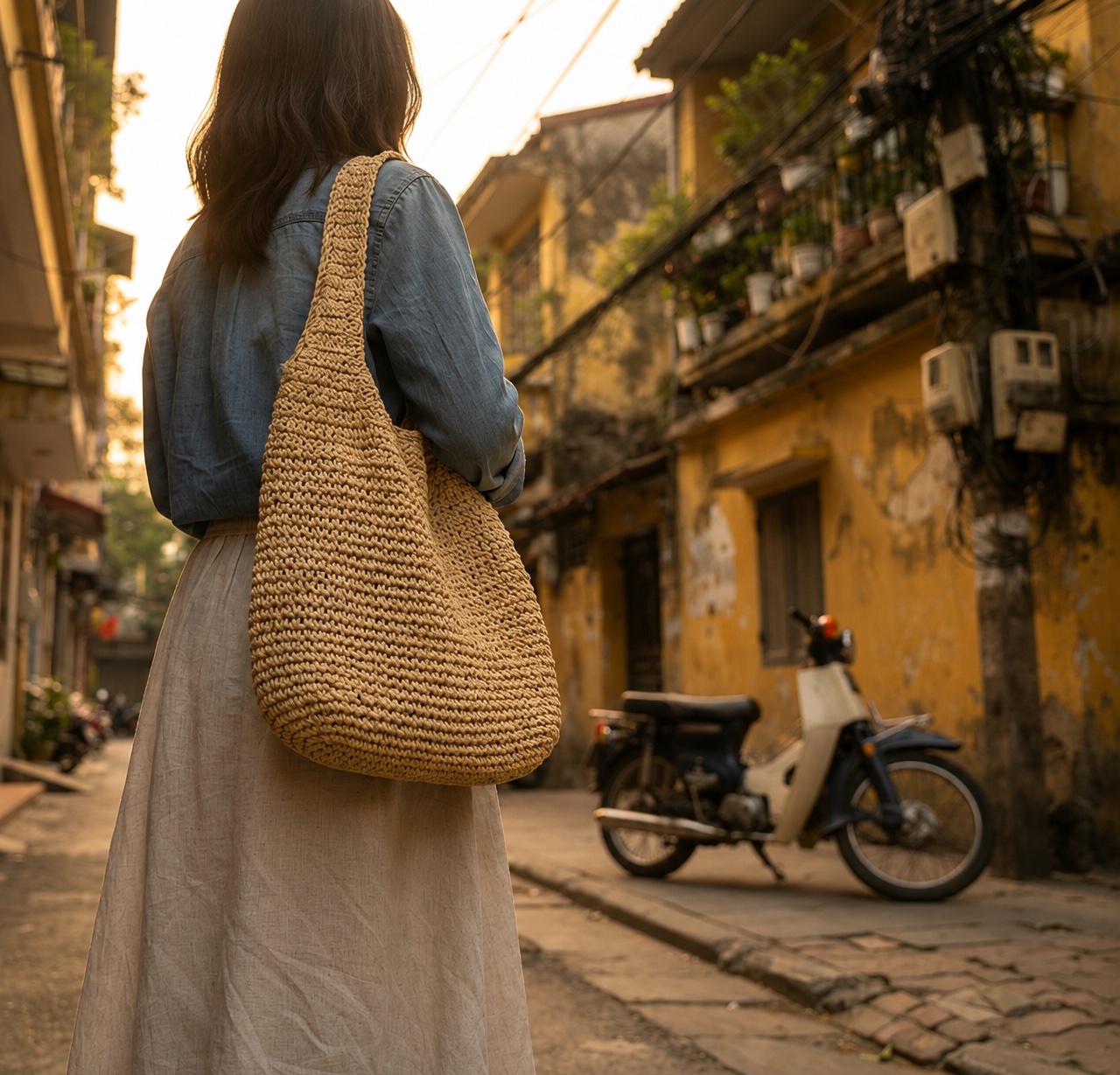Woman standing on a Hanoi street wearing the Foldable Straw Tote Bag over her shoulder