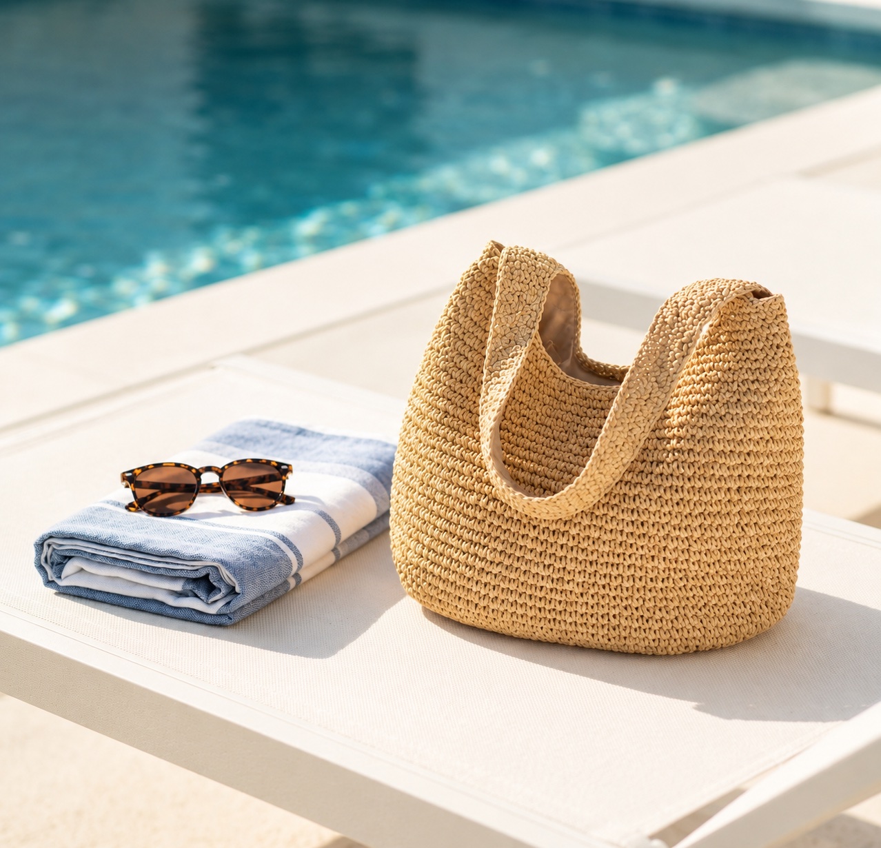 Foldable Straw Tote Bag styled poolside next to sunglasses and a towel