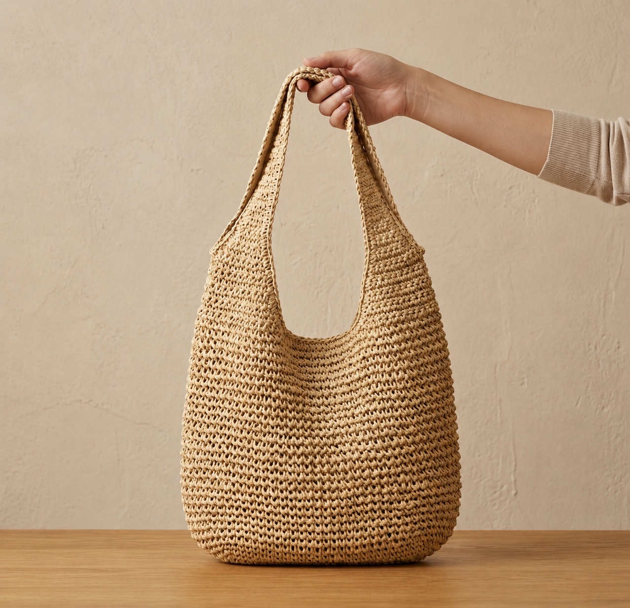 Foldable Straw Tote Bag held by hand, showing the crochet texture