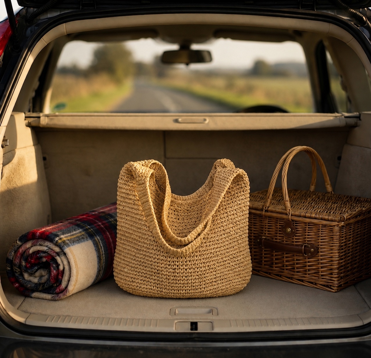 Foldable Straw Tote Bag packed in a car trunk alongside a blanket and picnic basket