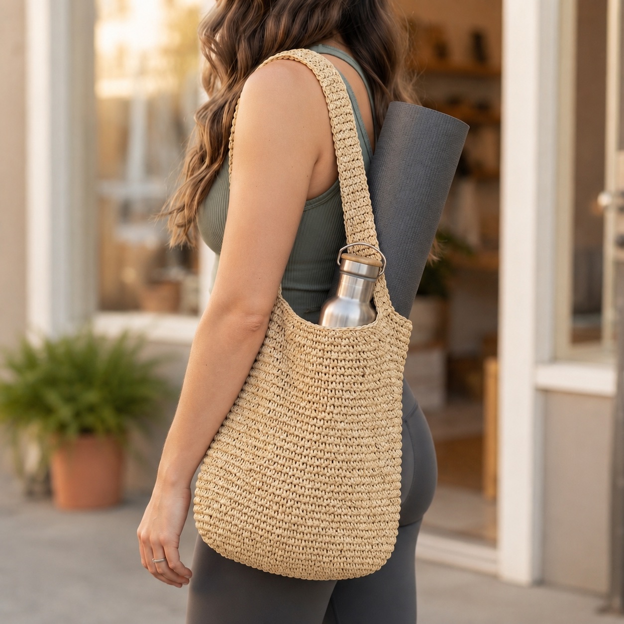 Foldable Straw Tote Bag carried over the shoulder with a yoga mat and water bottle