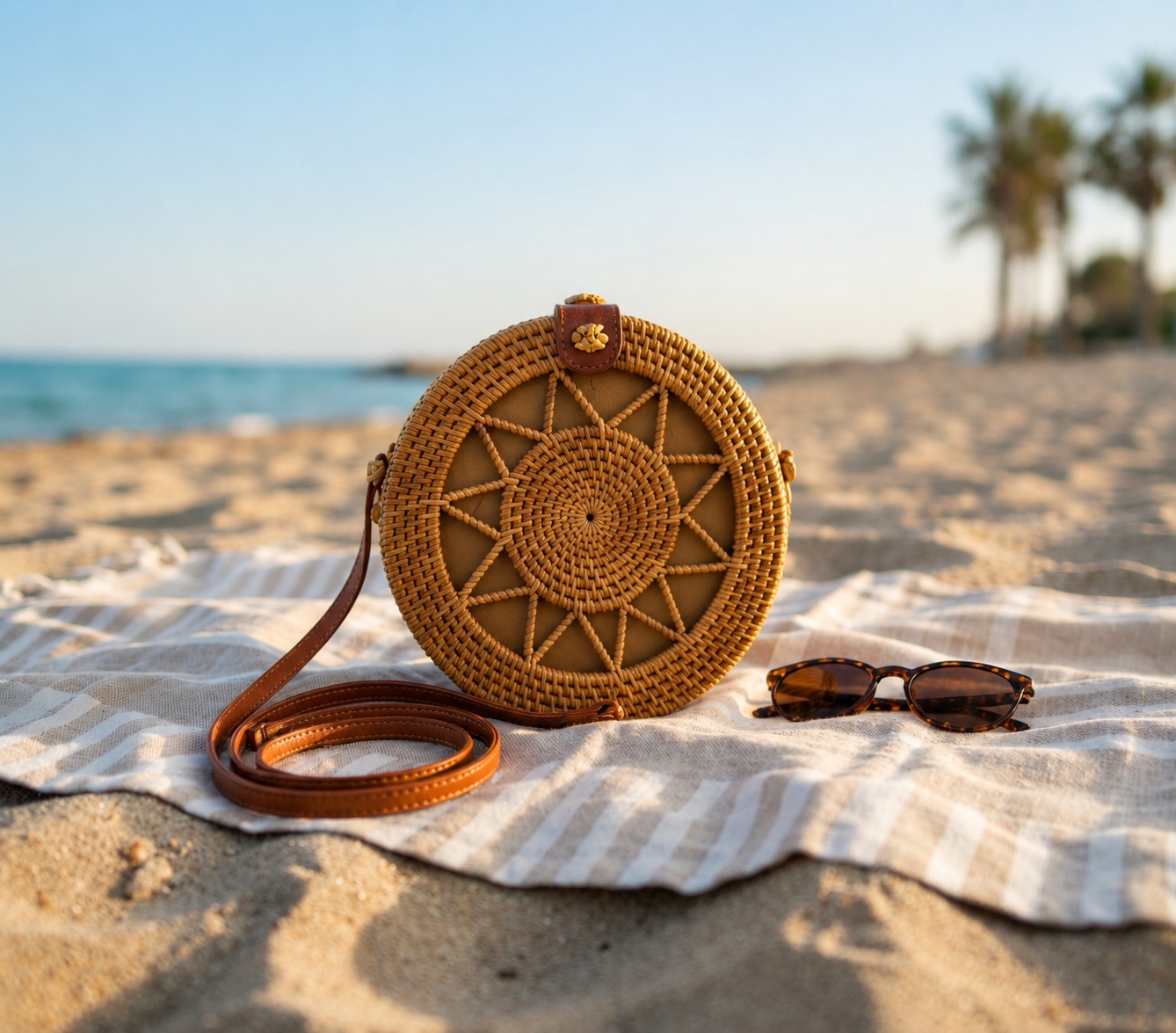 Round Rattan Bag styled on the beach