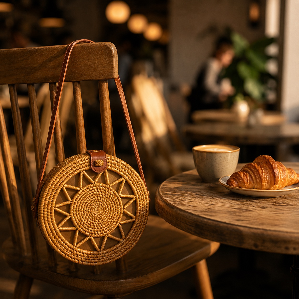 Round Rattan Bag hanging from the back of a cafe chair