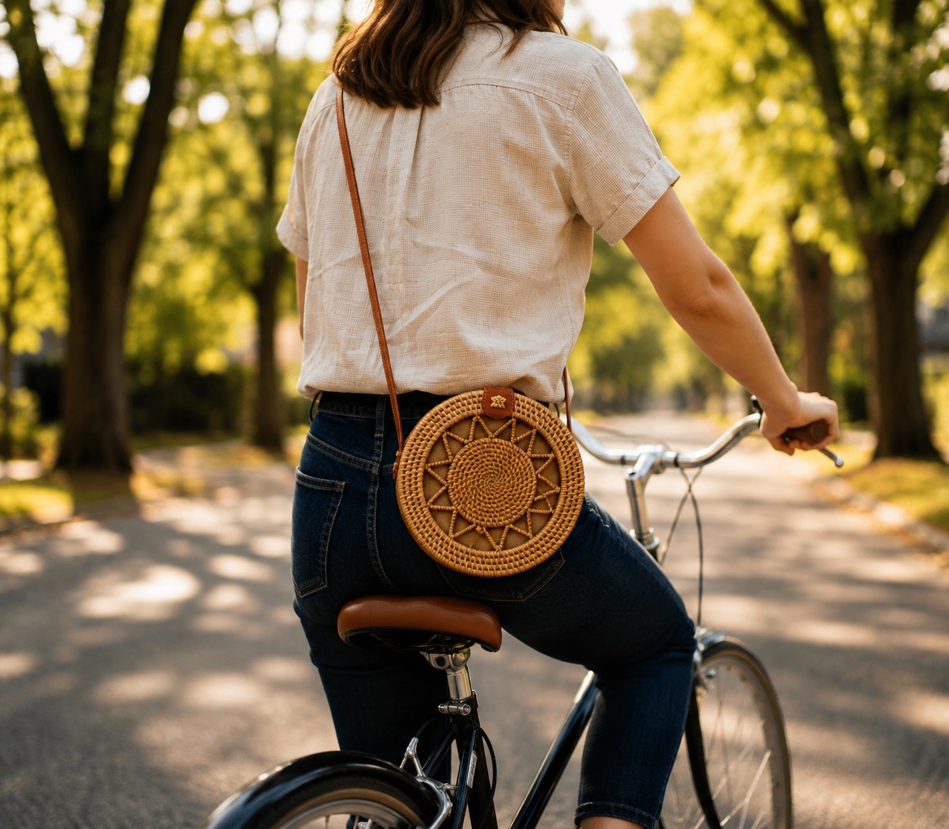 Round Rattan Bag worn crossbody by a woman riding a bicycle