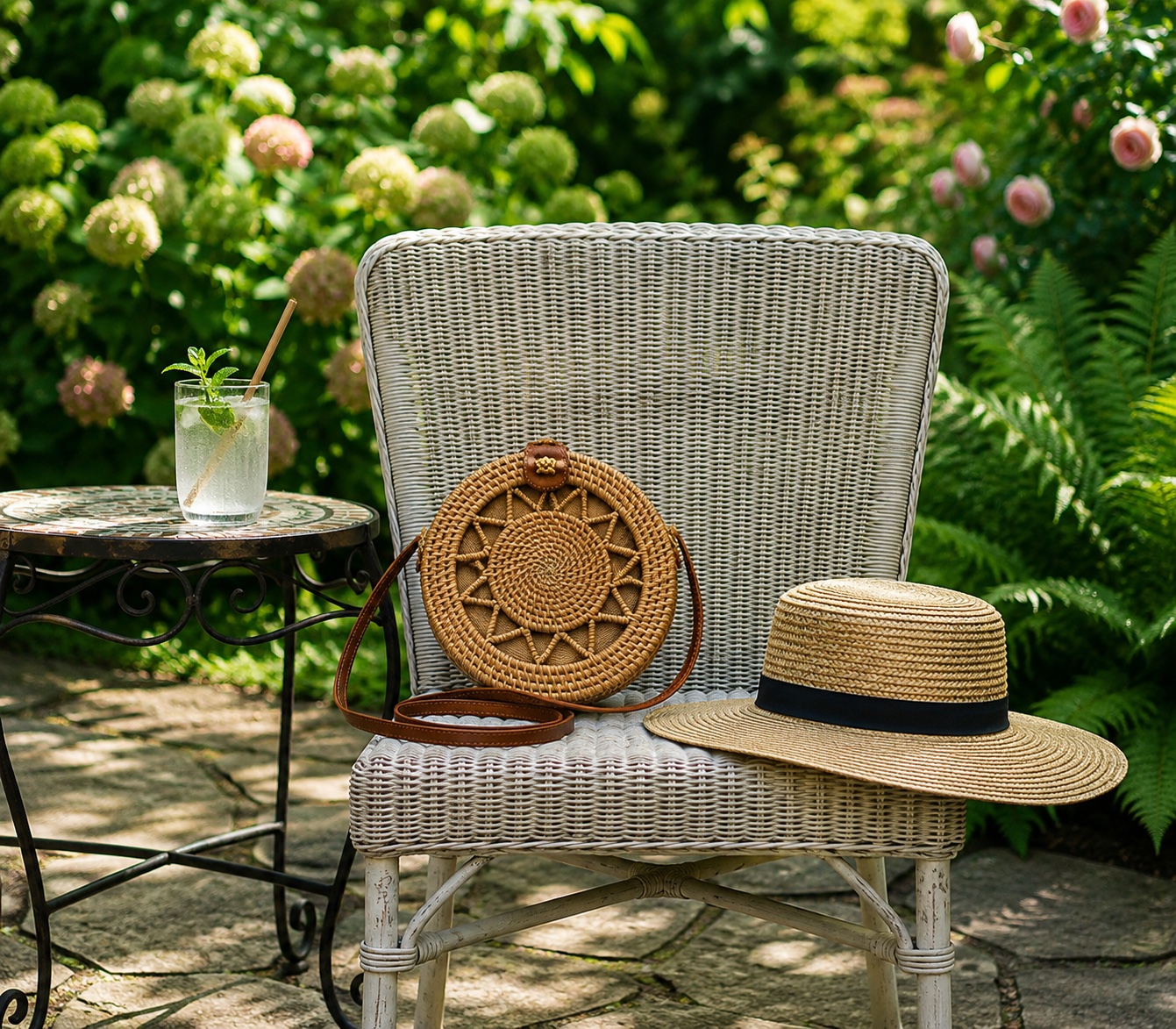 Round Rattan Bag resting on a garden chair