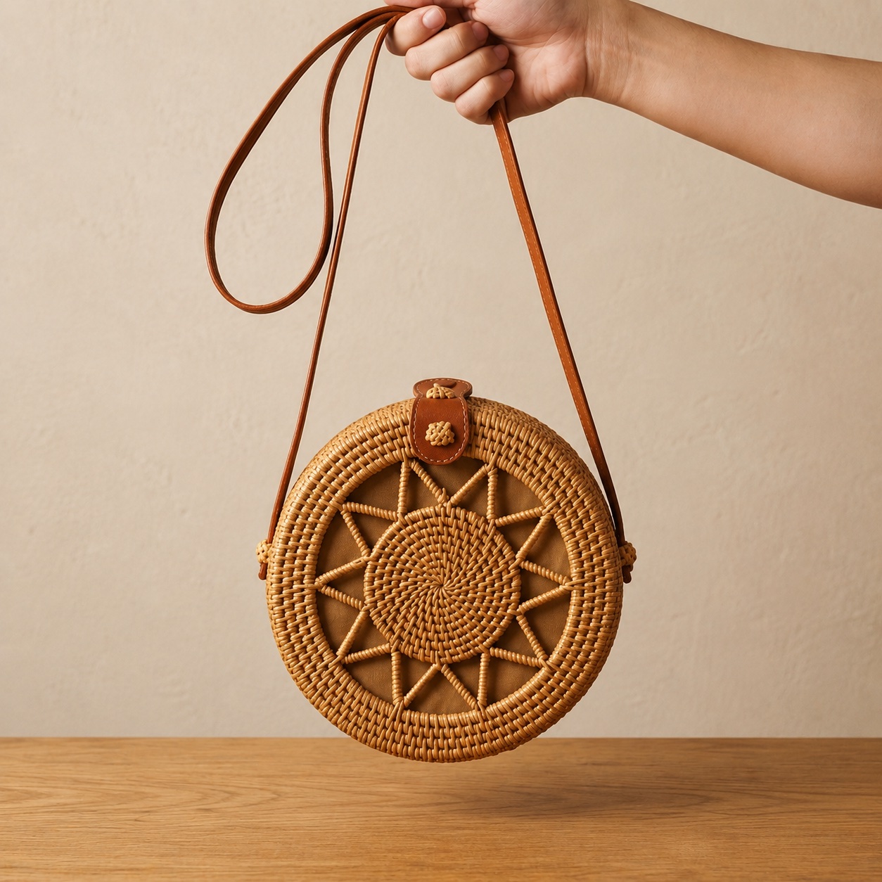 Close-up of a hand holding the Round Rattan Bag by its leather strap
