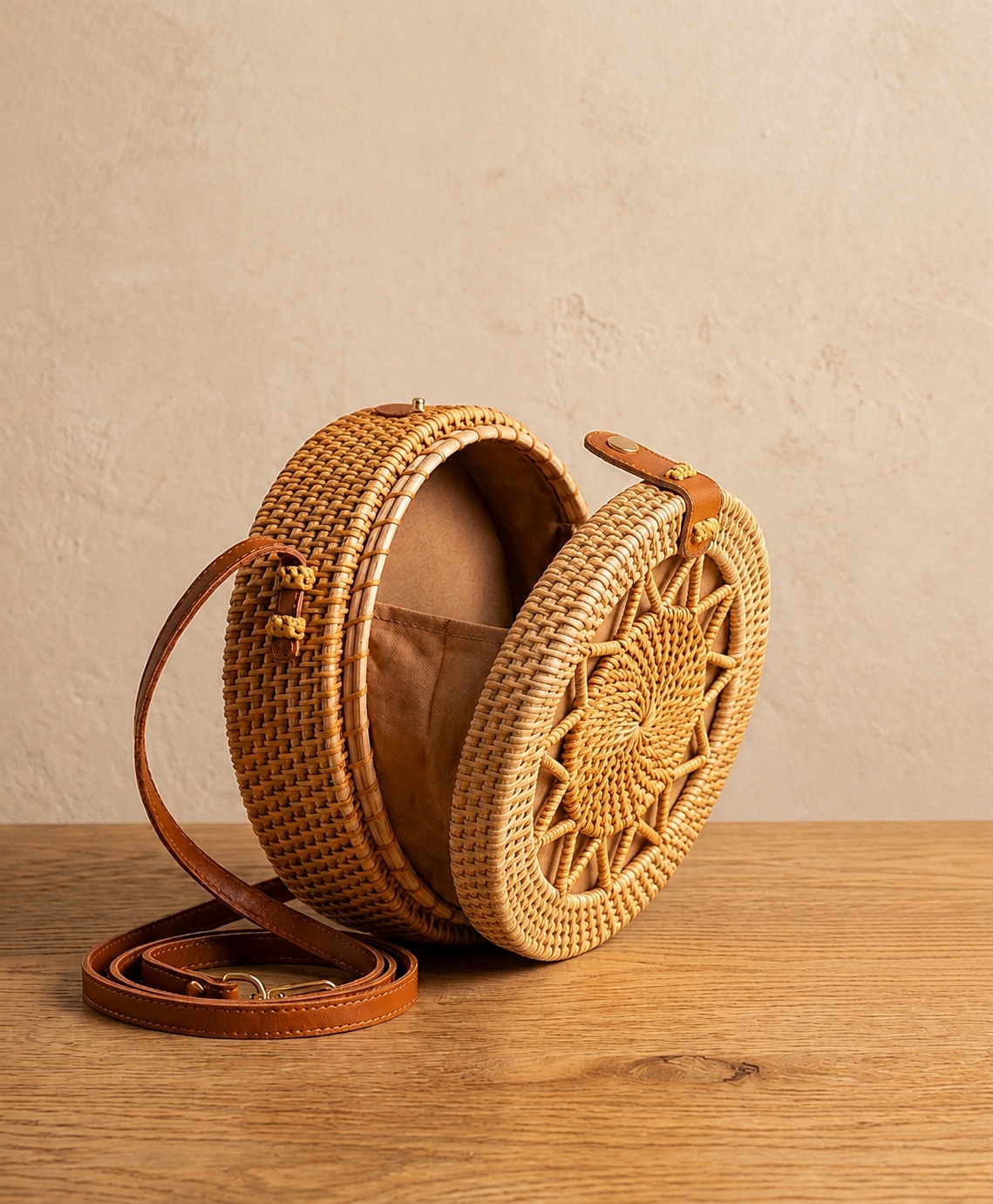 Round Rattan Bag shown open, revealing the lined interior and closure