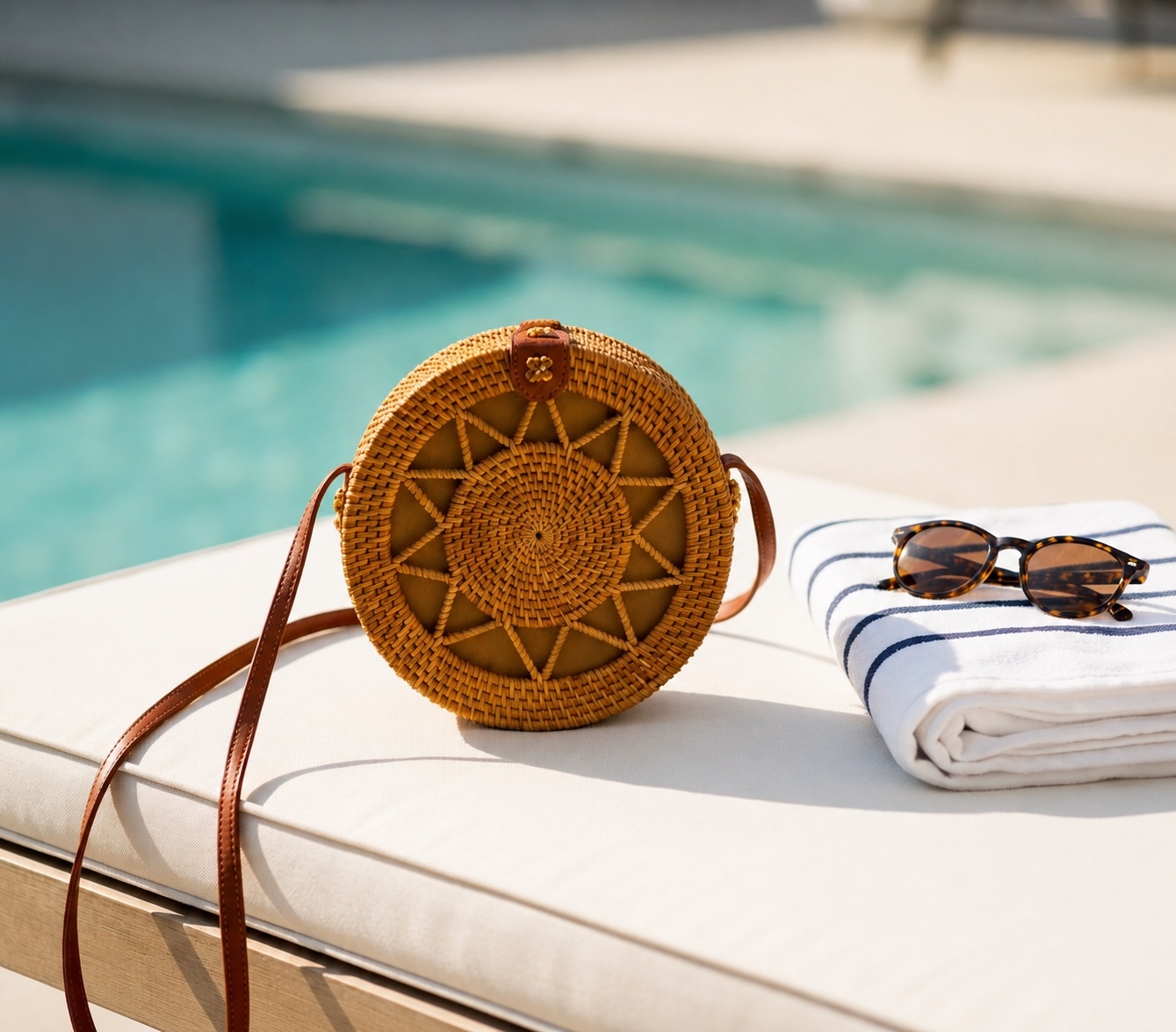 Round Rattan Bag styled poolside next to a towel and sunglasses