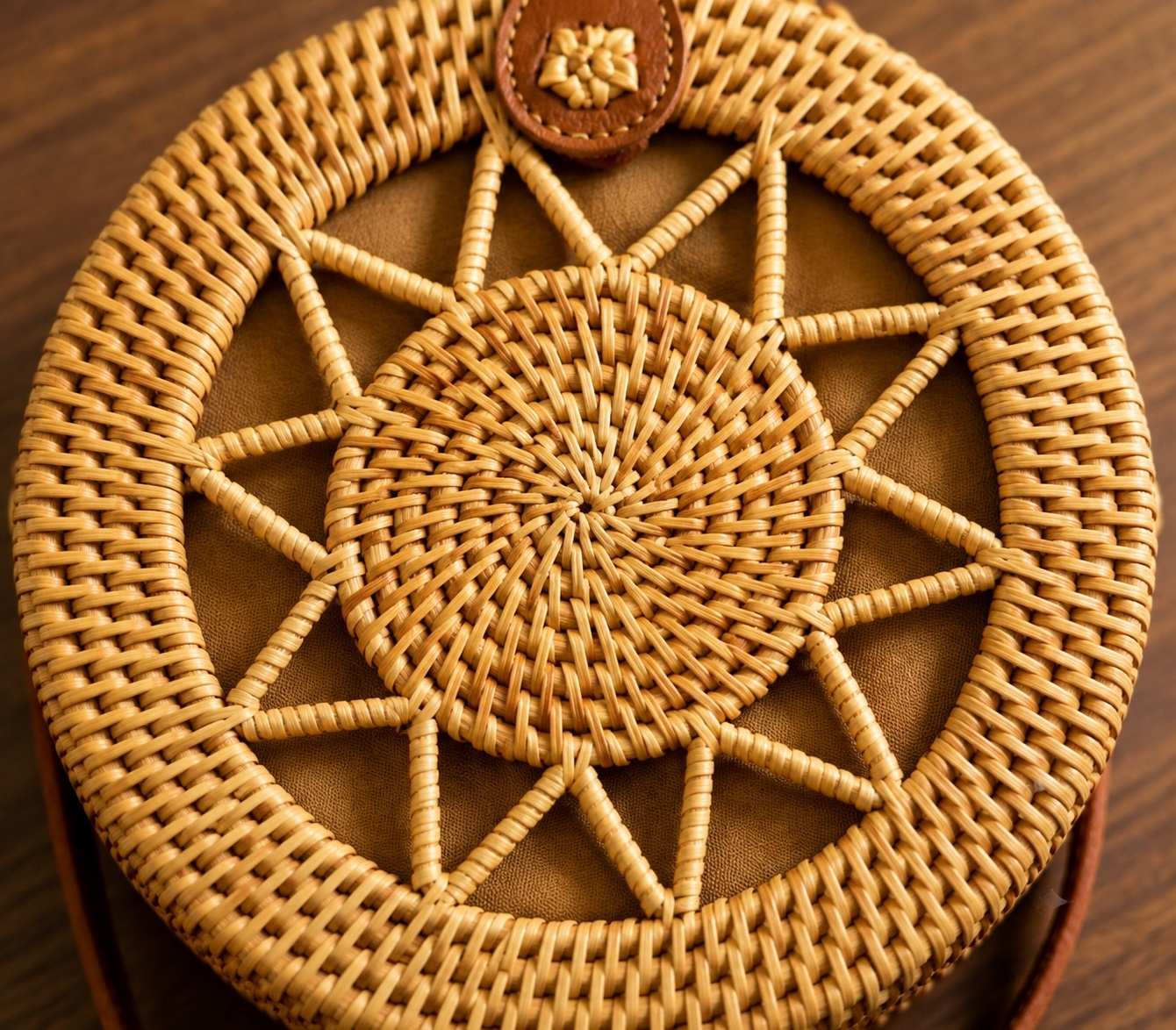 Close-up of the tight spiral rattan weave on the Round Rattan Bag