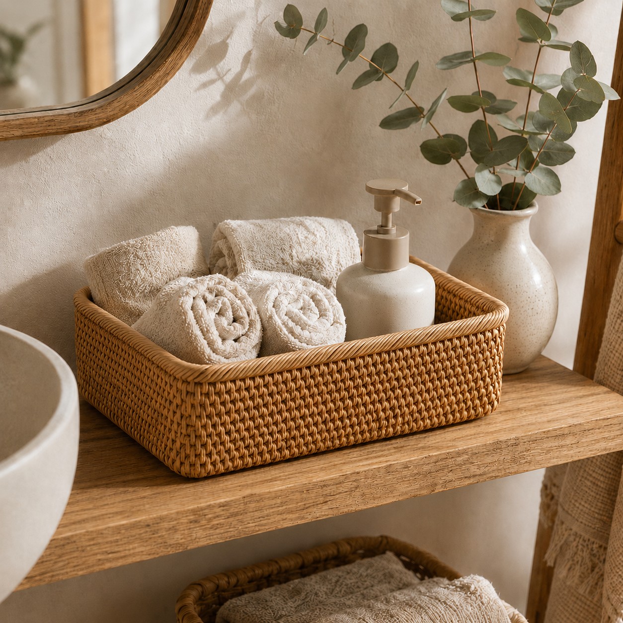 Rattan Storage Basket in a bathroom, holding rolled towels and a soap dispenser