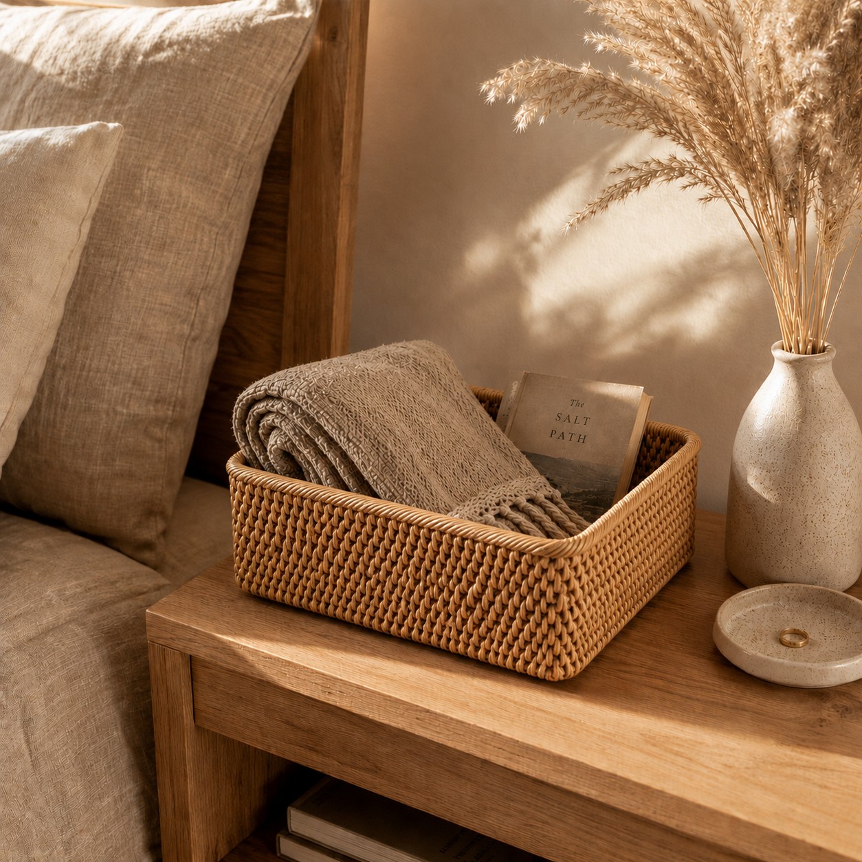 Rattan Storage Basket on a bedside table, holding a folded blanket and a book
