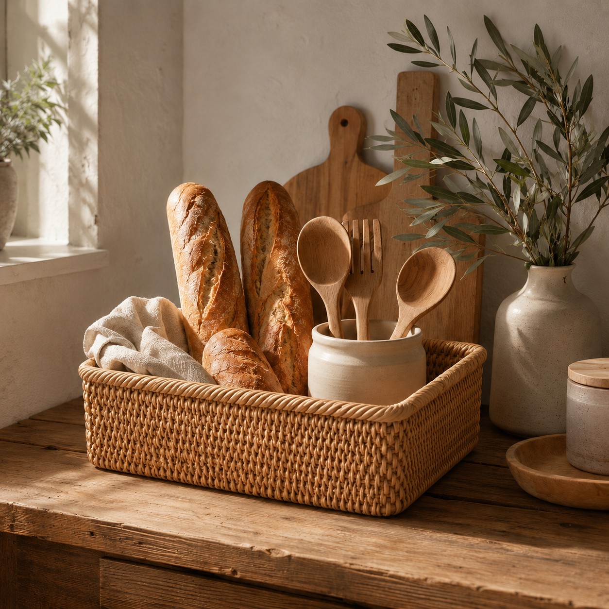 Rattan Storage Basket on a kitchen counter, holding bread and wooden utensils