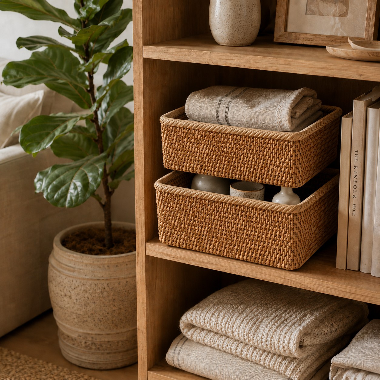 Two Rattan Storage Baskets stacked on a bookshelf, holding a folded blanket and small decor