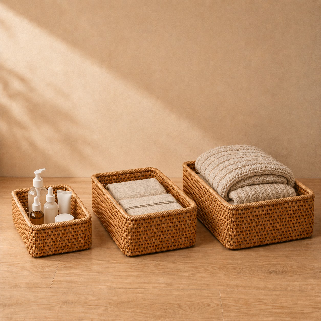 Rattan Storage Baskets in S, M, and L side by side, holding toiletries, folded towels, and a blanket