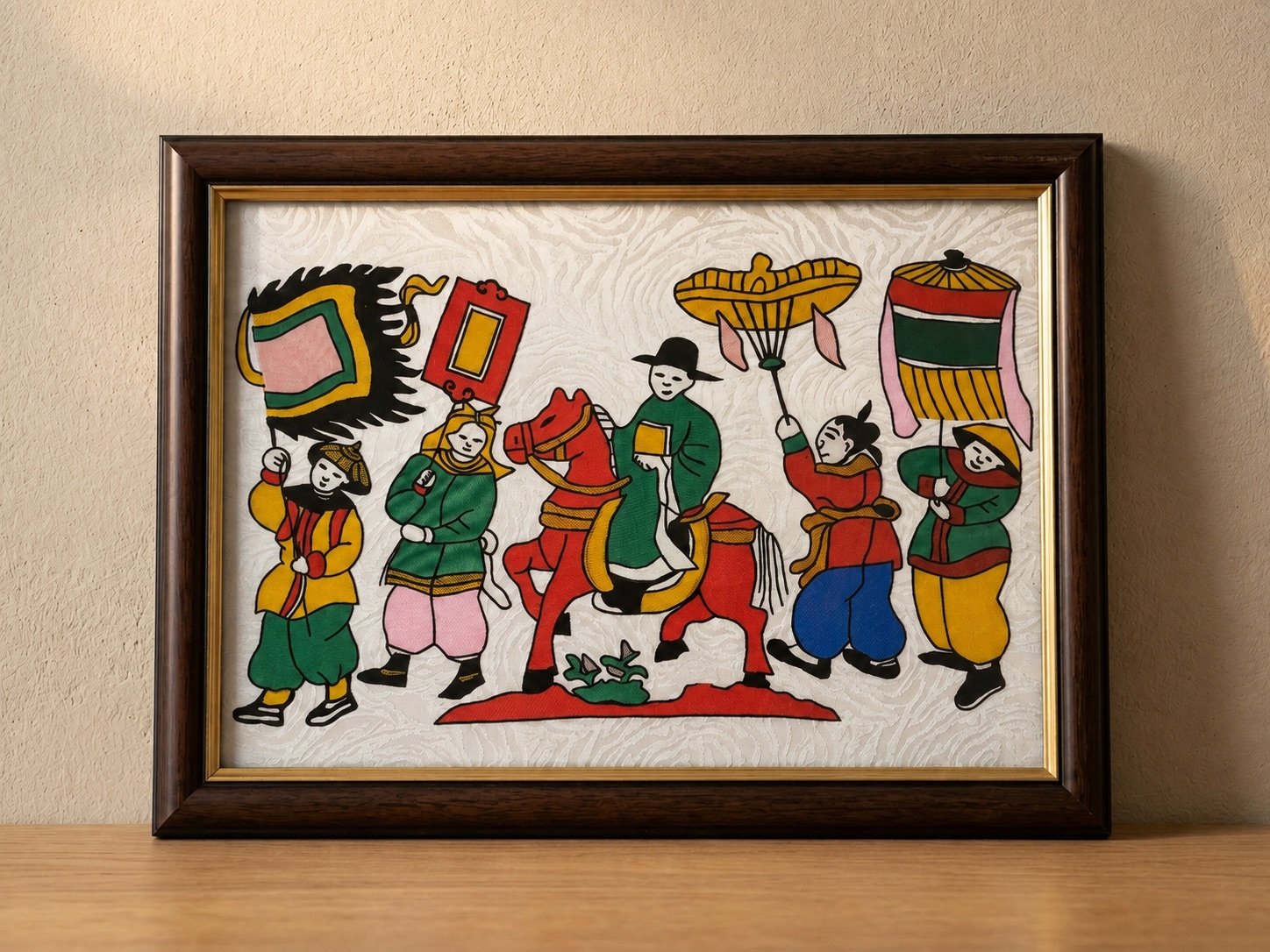 Upcycled Silk Art Picture with a hand-pieced Dong Ho folk procession design