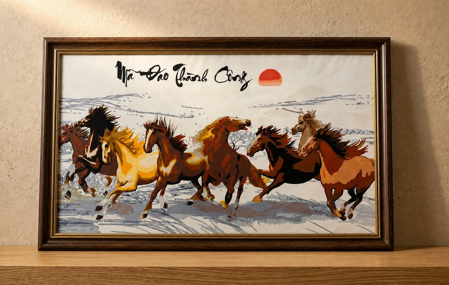 Upcycled Silk Art Picture with a hand-pieced Eight Horses (Mã Đáo Thành Công) design