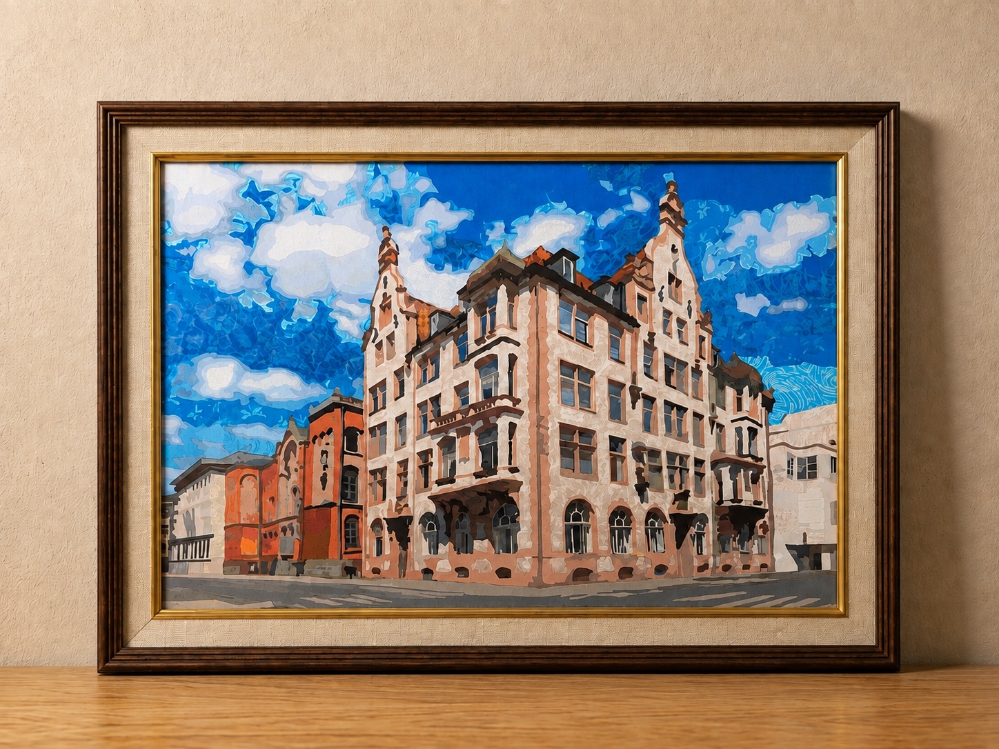 Upcycled Silk Art Picture with a hand-pieced European architecture design