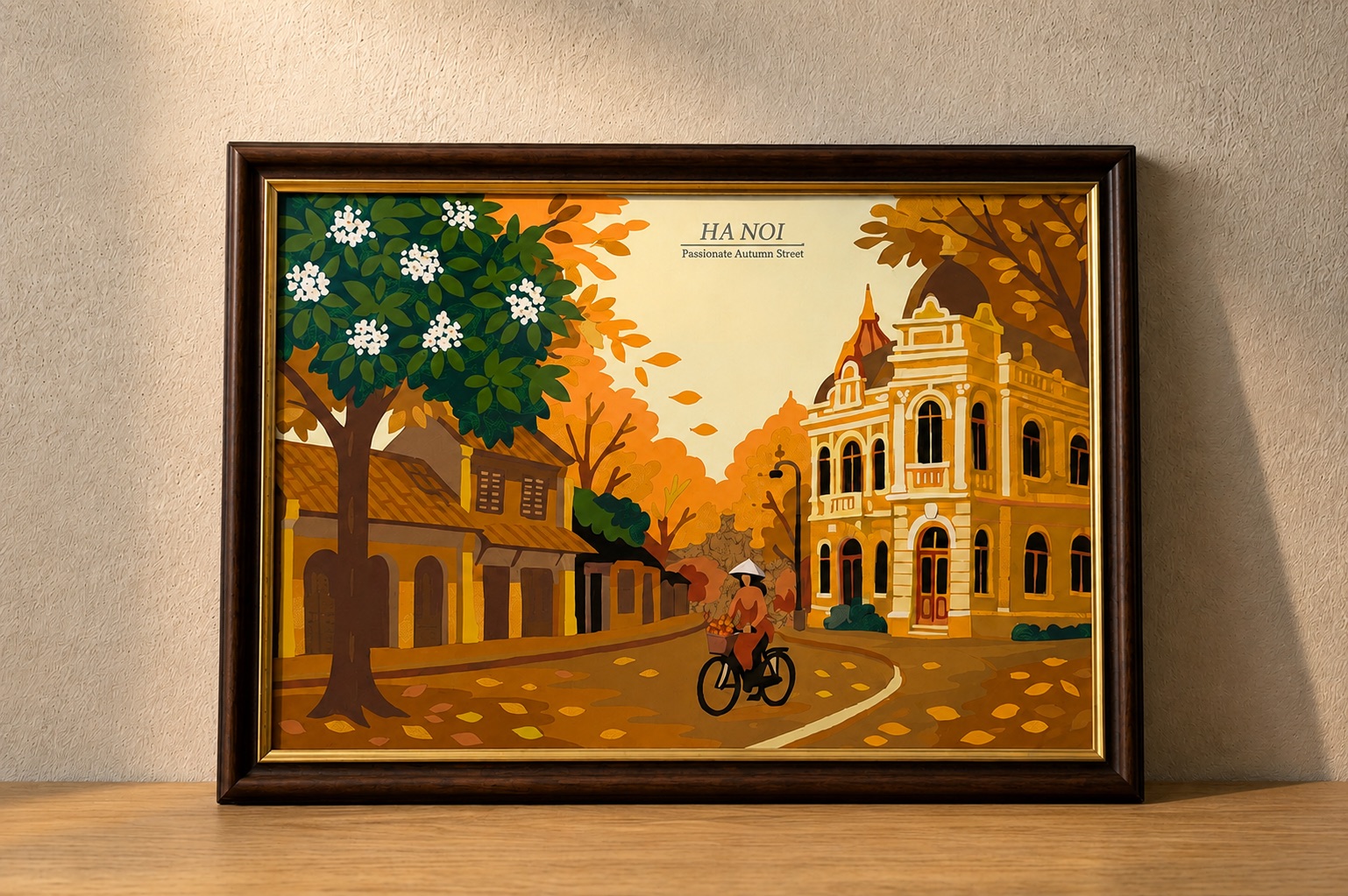 Upcycled Silk Art Picture with a hand-pieced Hanoi Autumn Street design