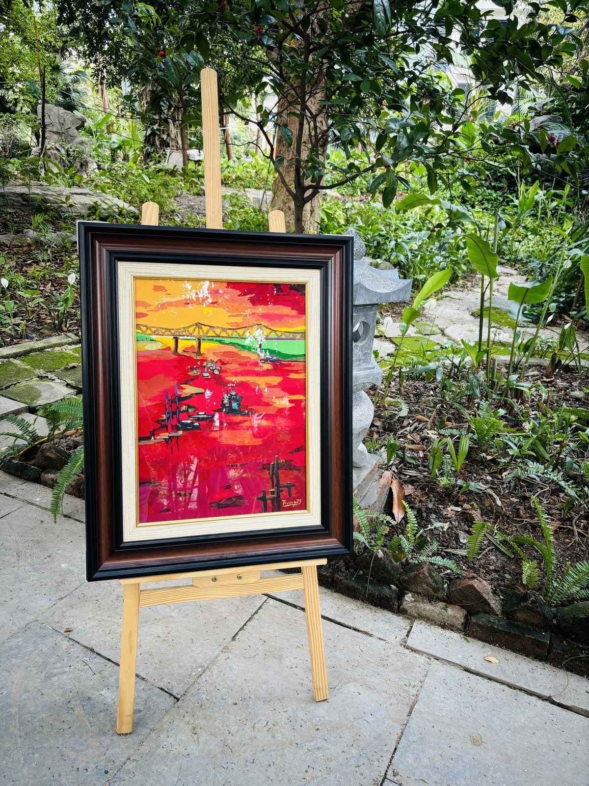 Upcycled Silk Art Picture with a hand-pieced Long Bien Bridge design