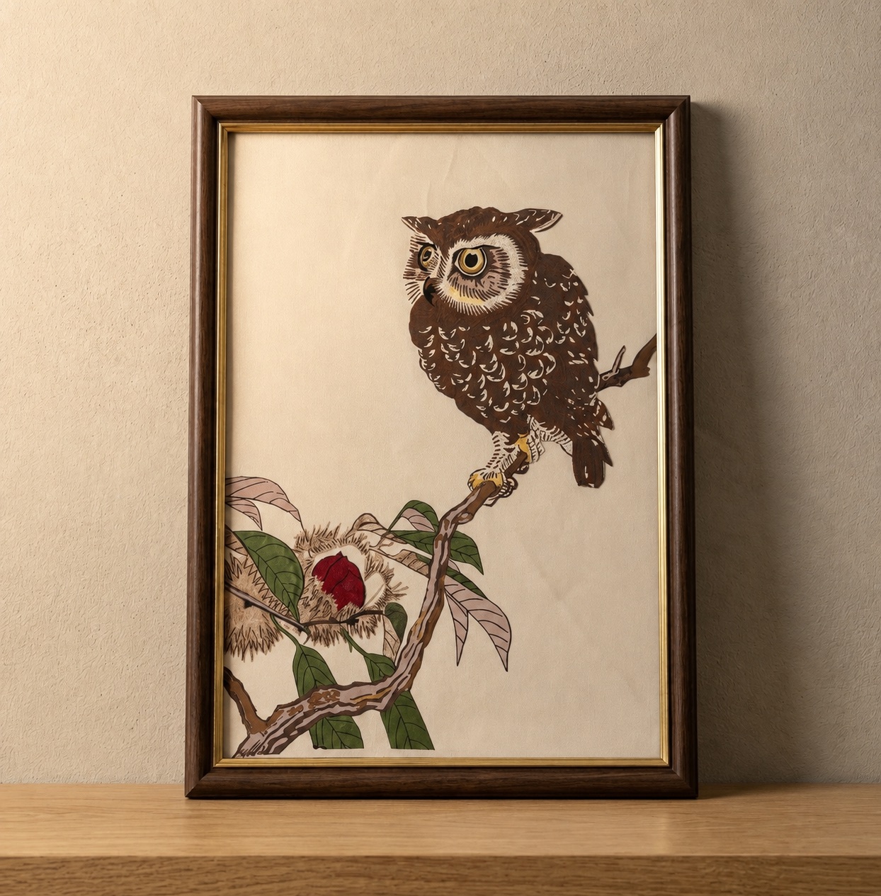 Upcycled Silk Art Picture with a hand-pieced Owl design