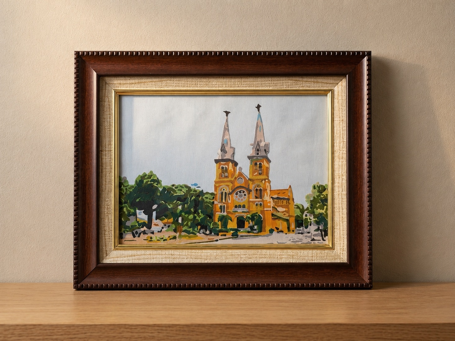 Upcycled Silk Art Picture with a hand-pieced Saigon Notre-Dame Cathedral design
