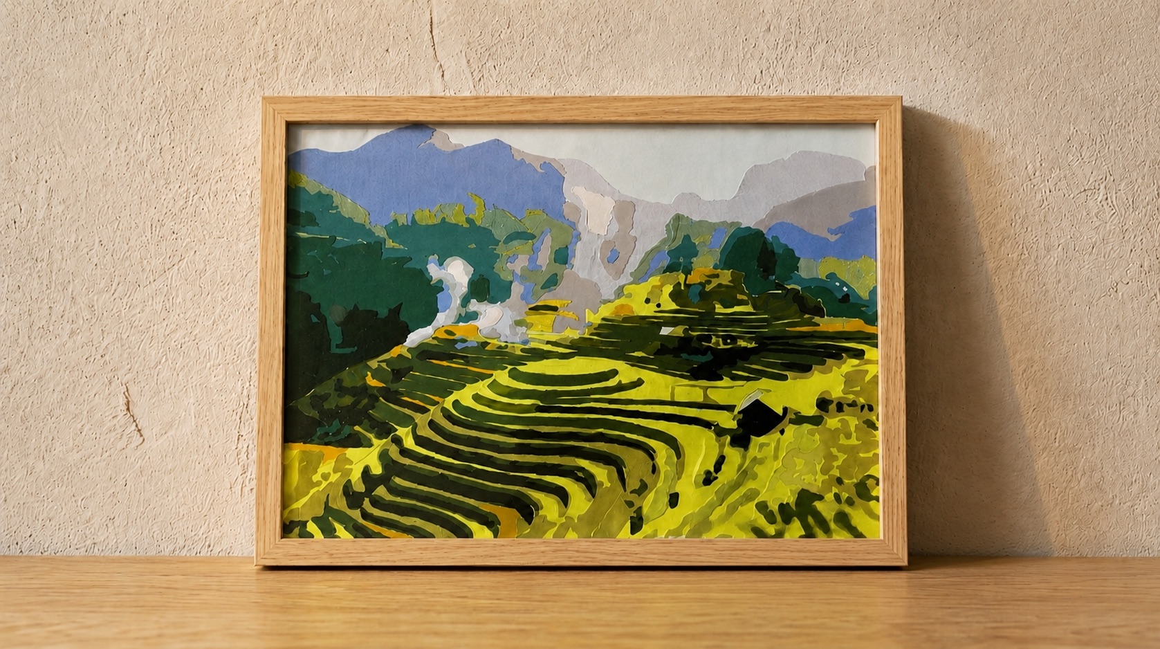 Upcycled Silk Art Picture with a hand-pieced Sapa rice terrace design