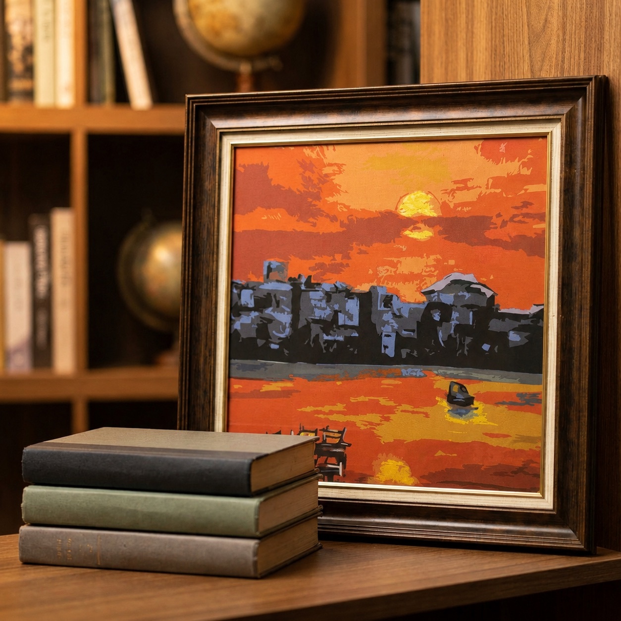 Upcycled Silk Art Picture with a hand-pieced sunset landscape design