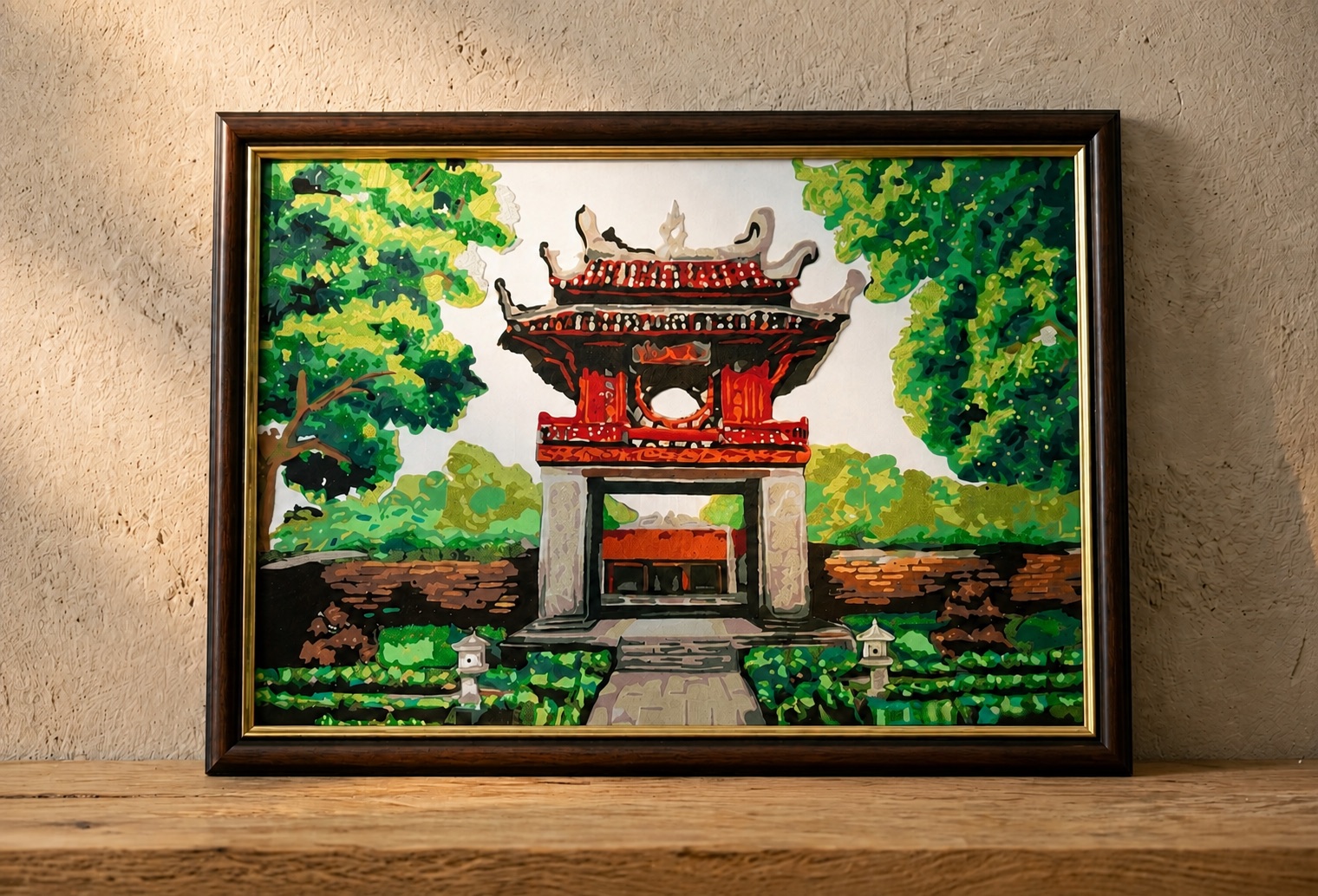 Upcycled Silk Art Picture with a hand-pieced Temple of Literature design