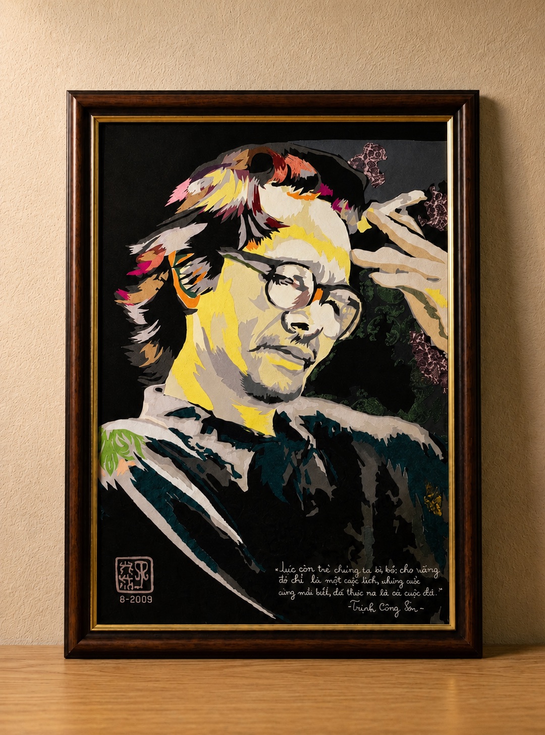 Upcycled Silk Art Picture with a hand-pieced Trịnh Công Sơn portrait design