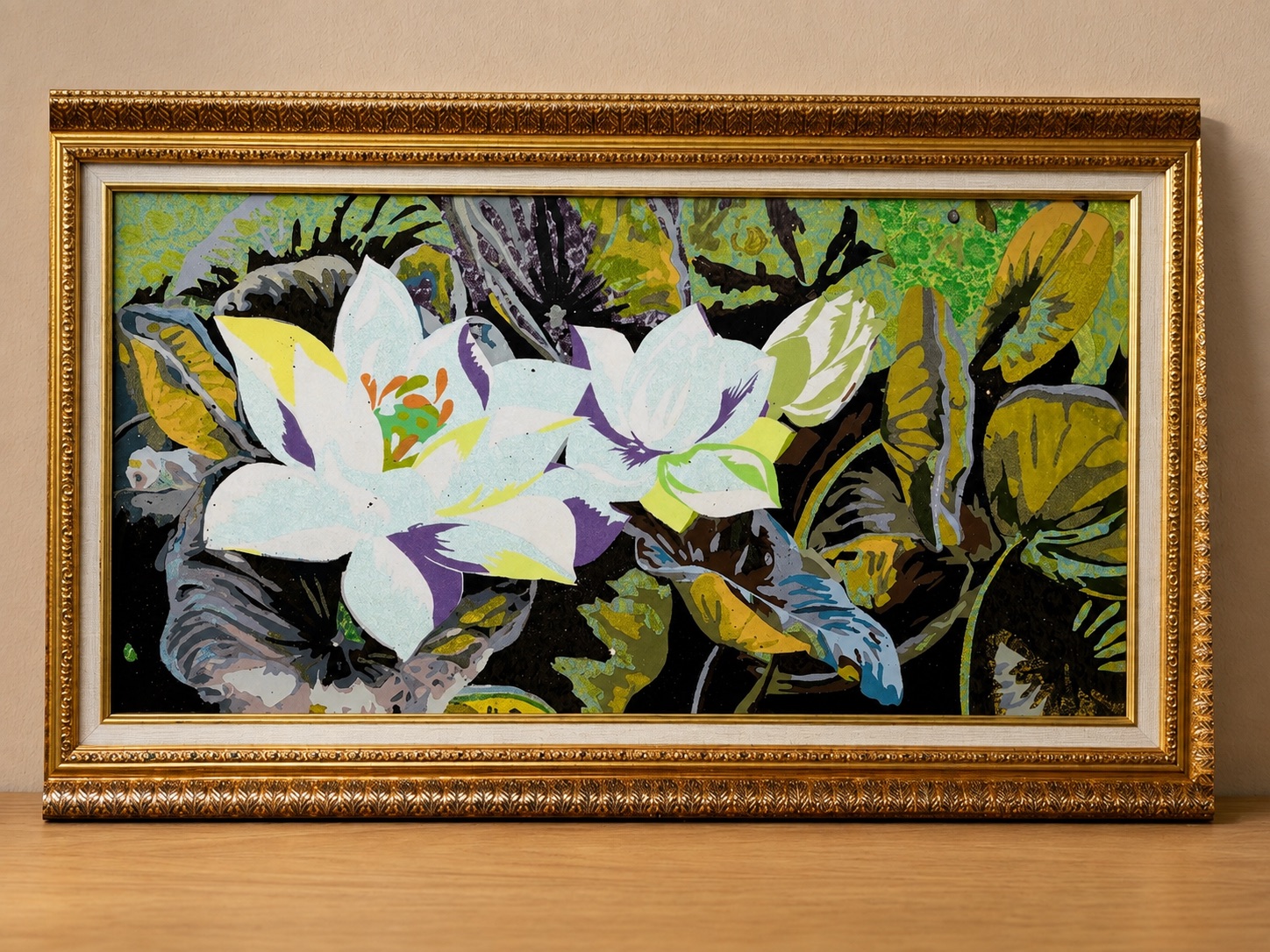 Upcycled Silk Art Picture with a hand-pieced White Lotus Blossom design