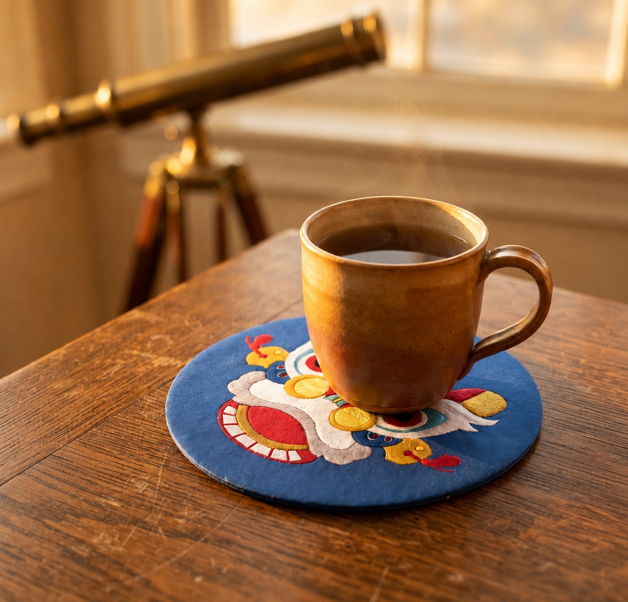 Upcycled Silk Coaster with a hand-pieced blue phoenix design