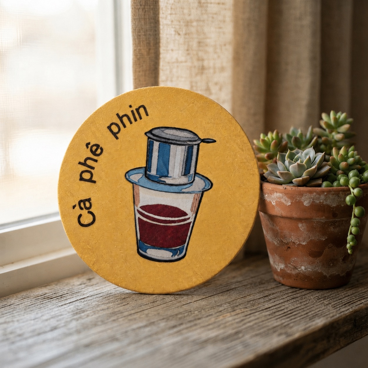 Upcycled Silk Coaster with a hand-pieced Vietnamese coffee phin design
