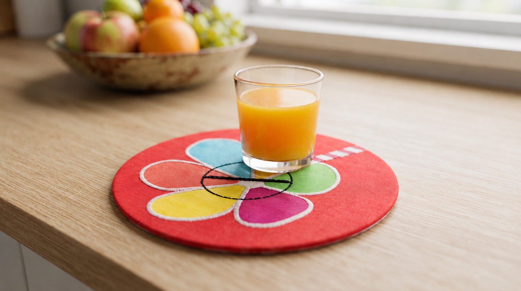Upcycled Silk Coaster with a hand-pieced flower pinwheel design