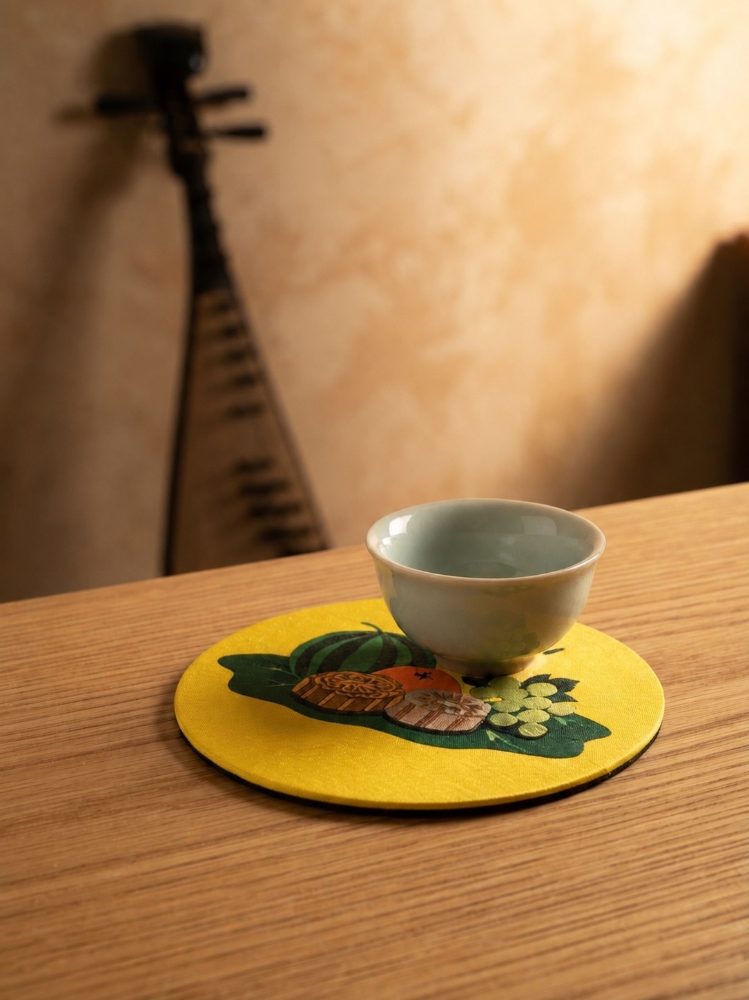 Upcycled Silk Coaster with a hand-pieced seasonal fruit design