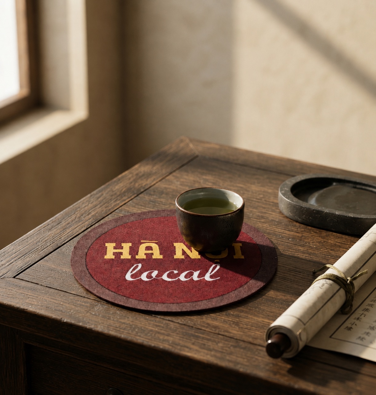 Upcycled Silk Coaster with a hand-pieced Hanoi Local lettering design