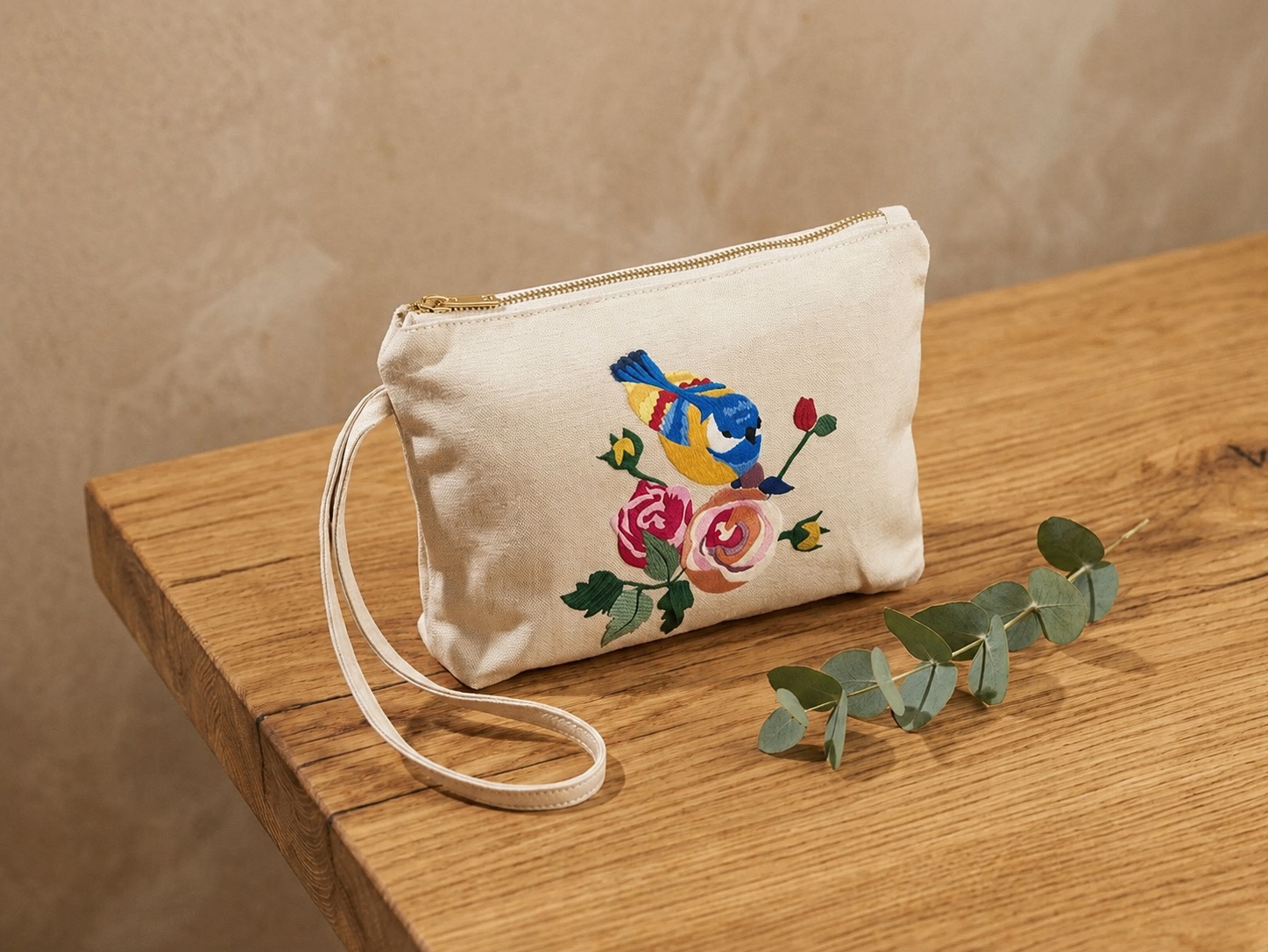 Upcycled Silk Pouch with a hand-pieced bird and roses design