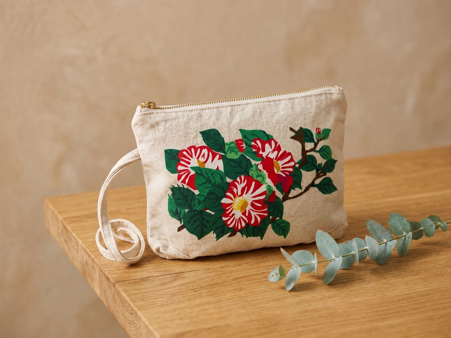 Upcycled Silk Pouch with a hand-pieced camellia design